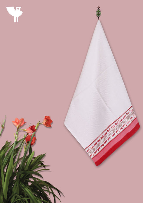 Handloom Cotton Hand Towel With Block Print Border