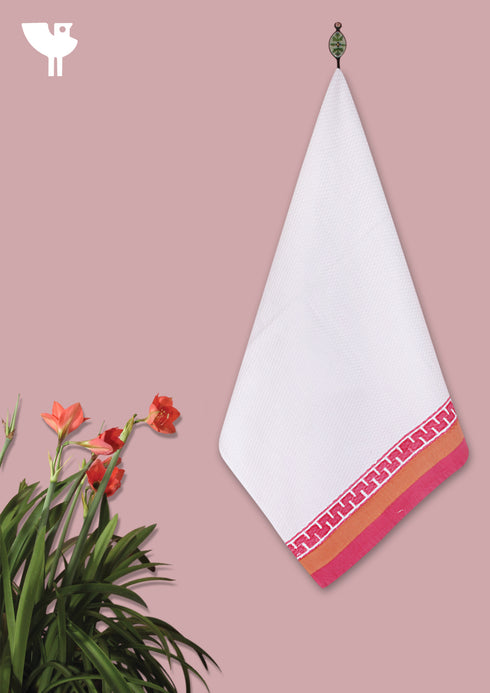 Handloom Cotton Hand Towel with Block Print Border