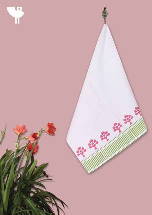 Handloom Cotton Hand Towel With Block Print Border