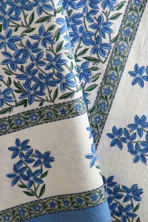 20s Cotton Bedspread With Floral Block Print in Blue on White Base