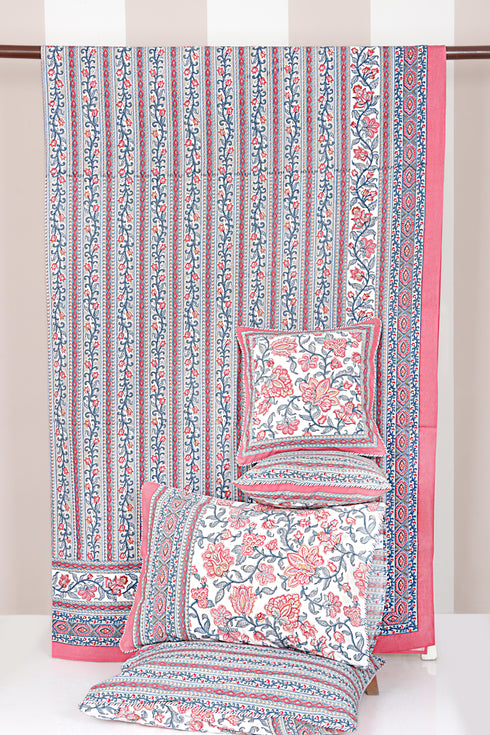 20s Cotton Bed Cover In Cloud Grey and Rose Pink Floral Print