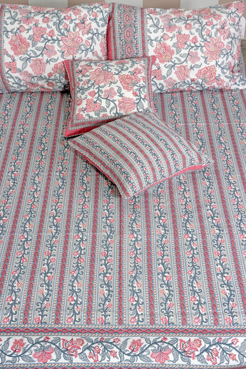 40s Cotton Pillow Cover In Cloud Grey and Rose Pink Floral Print