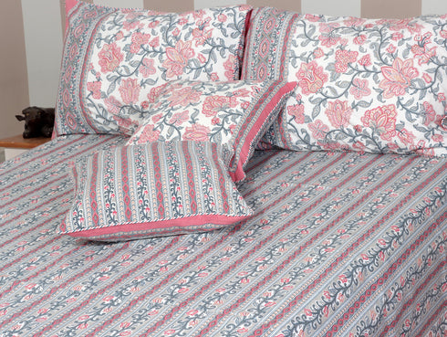 40s Cotton Pillow Cover In Cloud Grey and Rose Pink Floral Print