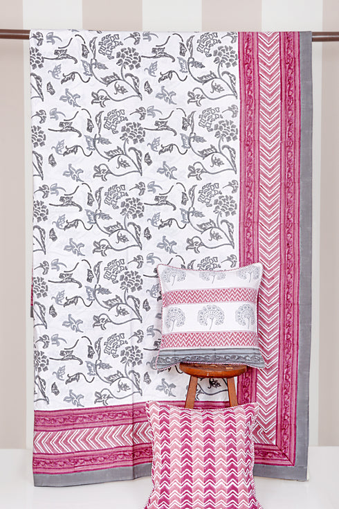 20s Cotton Bed Cover in Floral Block Print
