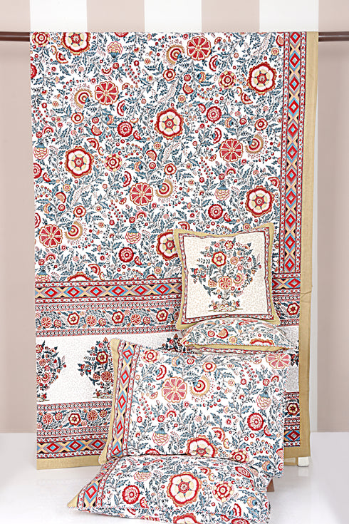 20s Cotton Bed Cover In Indian Blue and Brick Red Floral Print