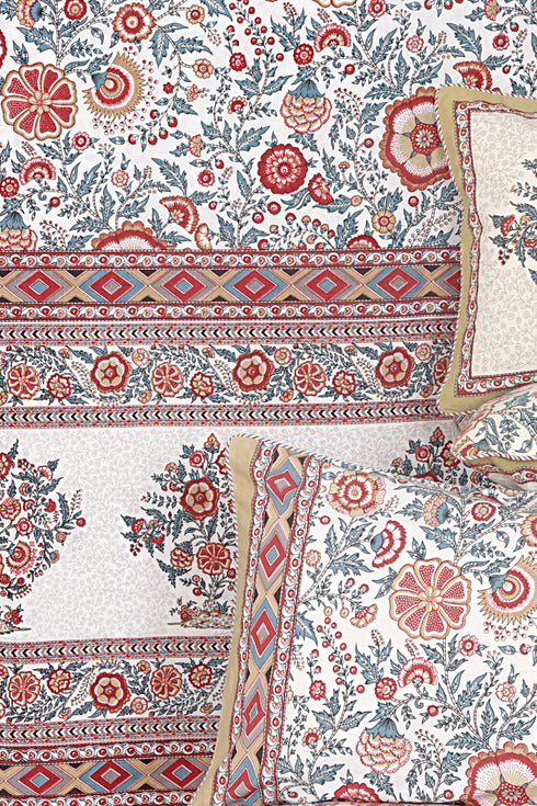 20s Cotton Bed Cover In Indian Blue and Brick Red Floral Print