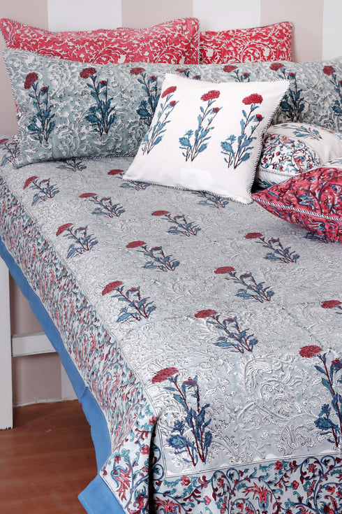 20’s Cotton Bed Cover In Floral Block Print