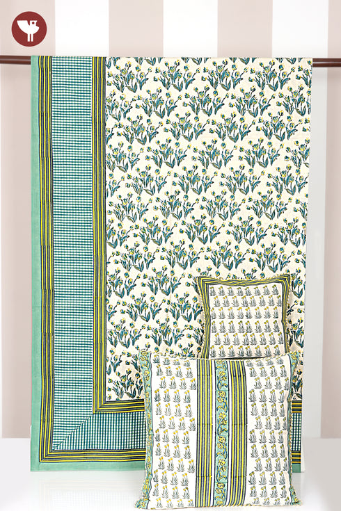 20’s Cotton Bed Cover In Floral Block Print