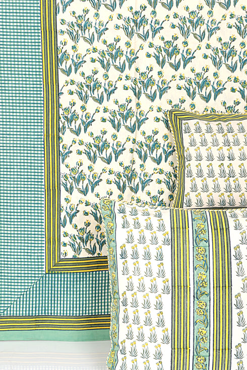 20’s Cotton Bed Cover In Floral Block Print