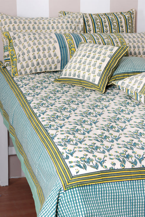 20’s Cotton Bed Cover In Floral Block Print