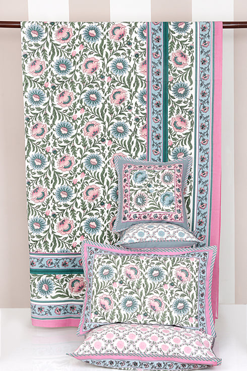 20s Cotton Bed Cover in Floral Block Print