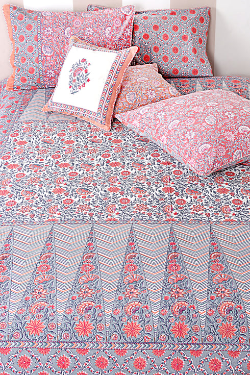 40s Cotton Pillow Cover in Floral Block Print