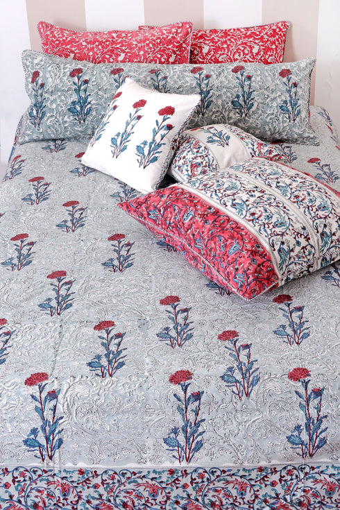 20’s Cotton KING SIZE Bed Cover In Floral Block Print