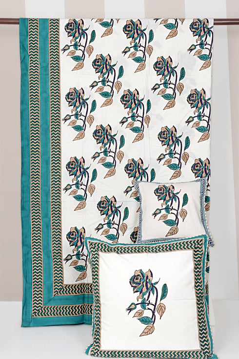20s Cotton KING SIZE Bed Cover In Floral Block Print