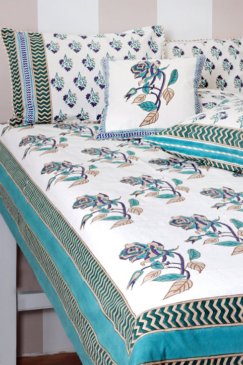 20s Cotton KING SIZE Bed Cover In Floral Block Print