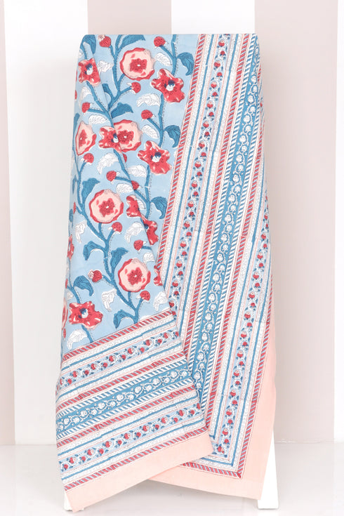 20s Cotton KING SIZE Bed Cover In Floral Block Print