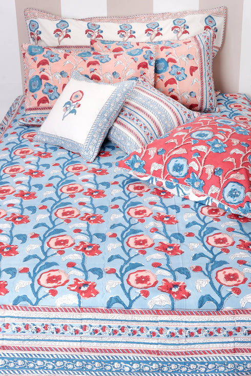 20s Cotton KING SIZE Bed Cover In Floral Block Print