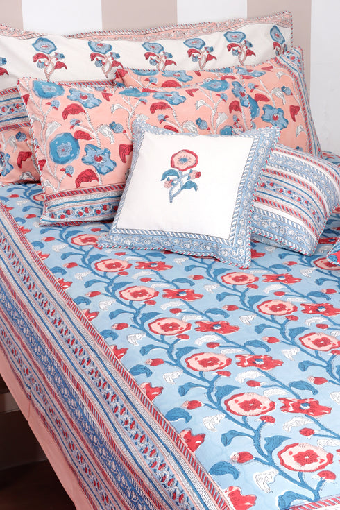 20s Cotton KING SIZE Bed Cover In Floral Block Print