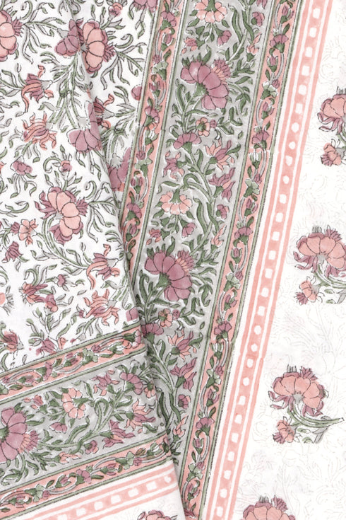 20s Cotton KING SIZE Bed Cover In Floral Block Print Soft White Peach