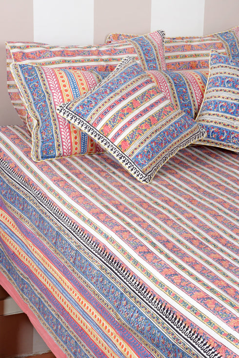 20s Cotton KING SIZE Bed Cover in Striped Floral Block Print