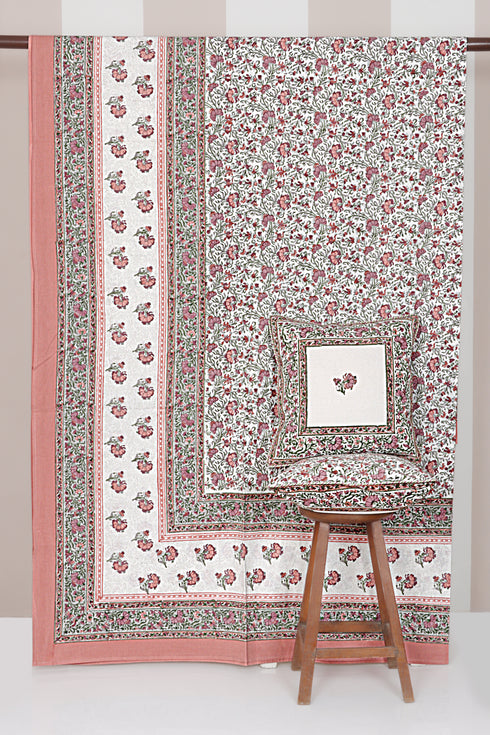 20s Cotton Bed Cover In Floral Block Print Soft White Peach