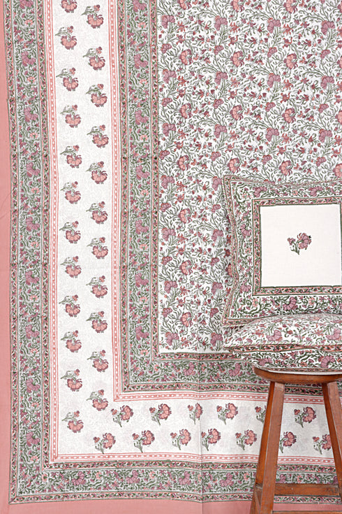 20s Cotton KING SIZE Bed Cover In Floral Block Print Soft White Peach
