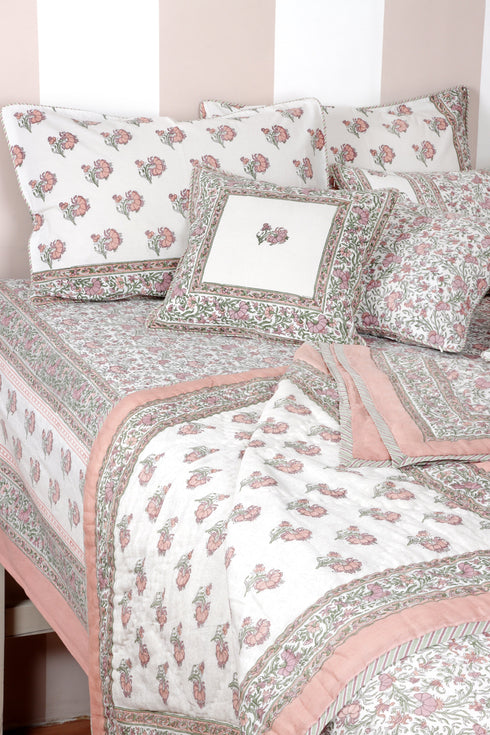 20s Cotton Bed Cover In Floral Block Print Soft White Peach