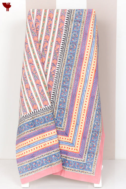20s Cotton Bed Cover in Striped Floral Block Print