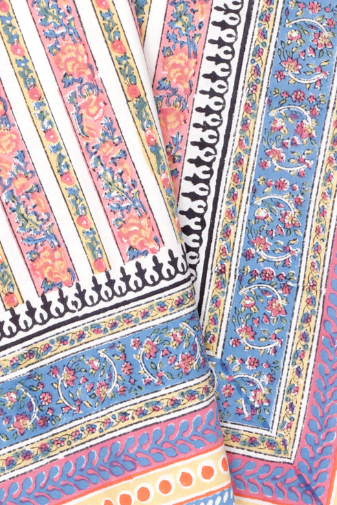 20s Cotton Bed Cover in Striped Floral Block Print