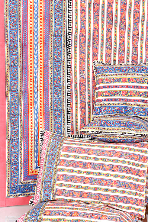 20s Cotton KING SIZE Bed Cover in Striped Floral Block Print