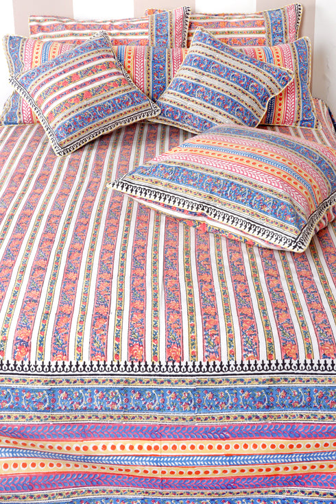 20s Cotton Bed Cover in Striped Floral Block Print