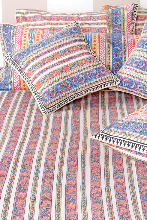 20s Cotton Bed Cover in Striped Floral Block Print