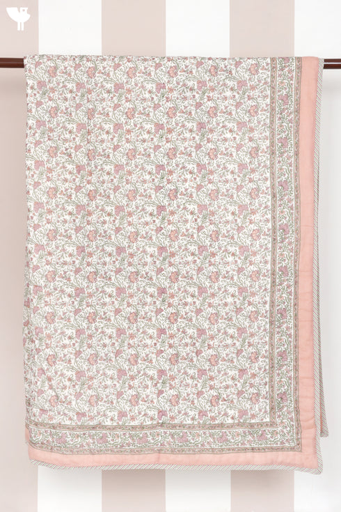 Mulmul Cotton Quilt Floral Block Print Soft White Paisley