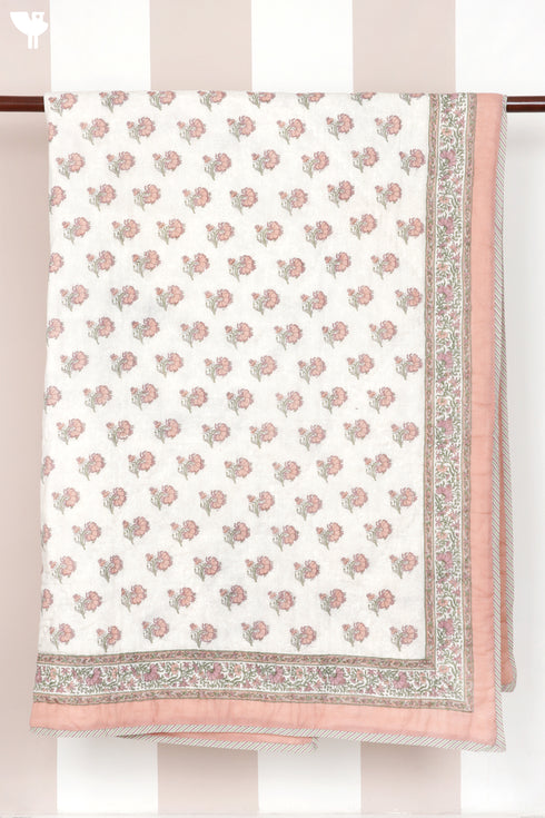 Mulmul Cotton Quilt Floral Block Print Soft White Paisley
