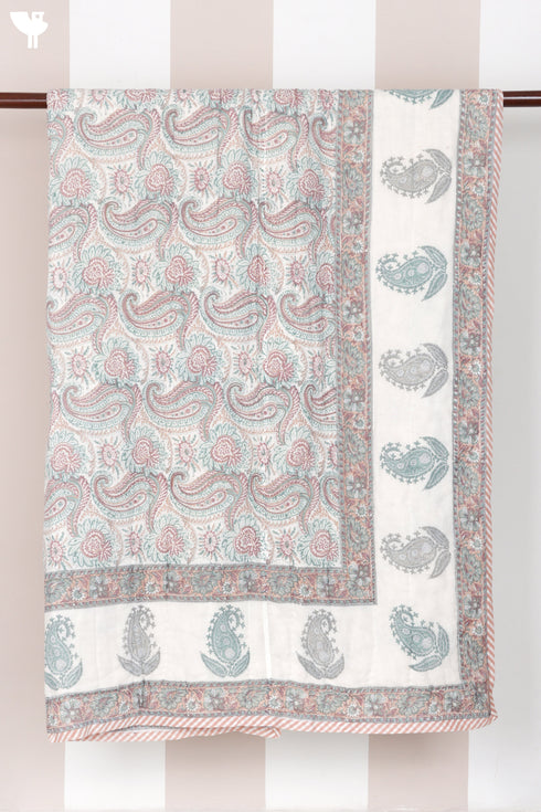 Mulmul Cotton Quilt Floral Block Print Soft White Paisley