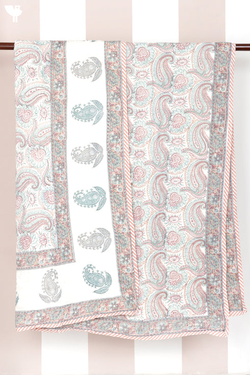 Mulmul Cotton Quilt Floral Block Print Soft White Paisley