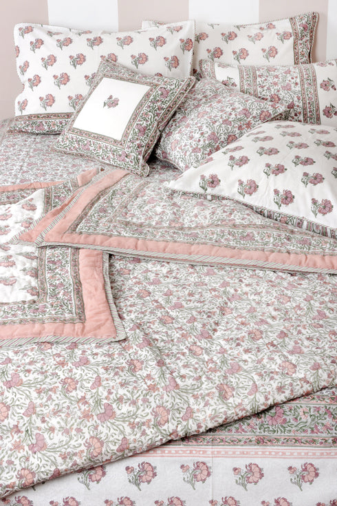 Mulmul Cotton Quilt Floral Block Print Soft White Paisley