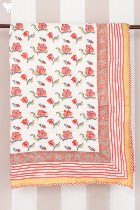 Mulmul Cotton Quilt in Floral Block Print White