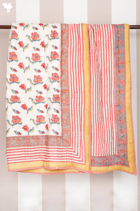 Mulmul Cotton Quilt in Floral Block Print White
