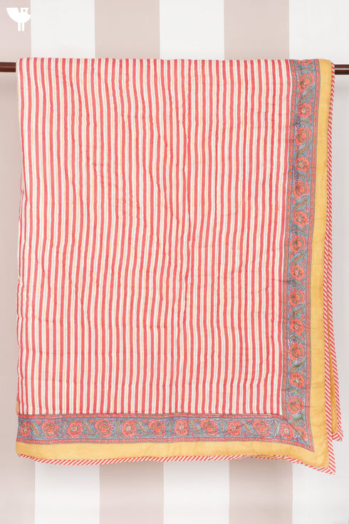 Mulmul Cotton Quilt in Floral Block Print White