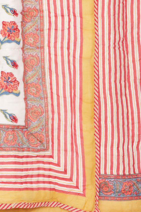 Mulmul Cotton Quilt in Floral Block Print White