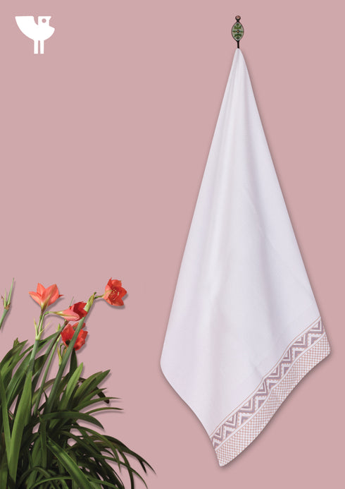 Handloom Cotton Bath Towel With Block Print Border