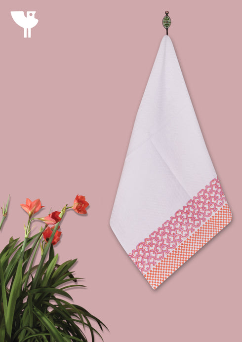 Handloom Cotton Hand Towel With Block Print Border