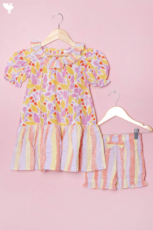 Cotton Frock & Shorts Set In Block Print