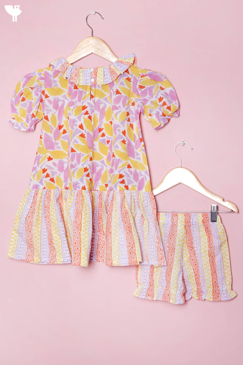 Cotton Frock & Shorts Set In Block Print