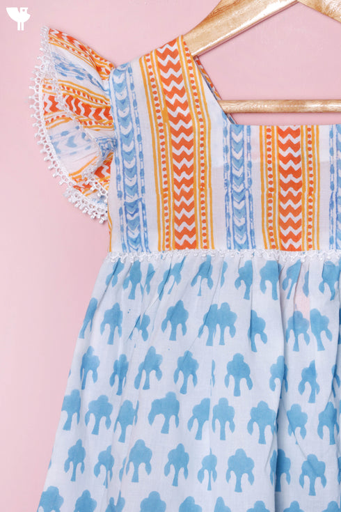 Cotton Frock & Shorts Set In Block Print