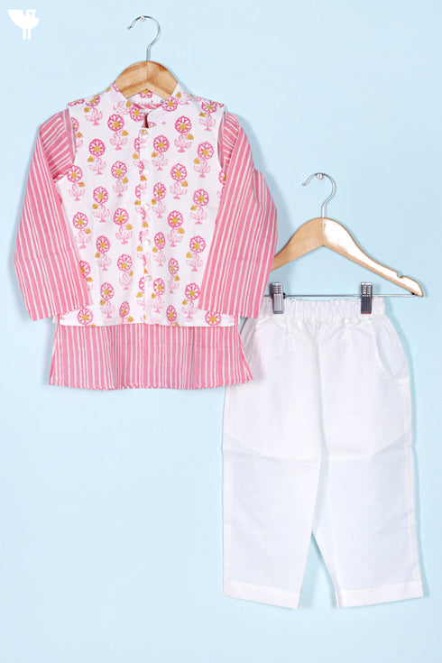 Cotton Boys Kurta Pajama Set With Vest In Block Print