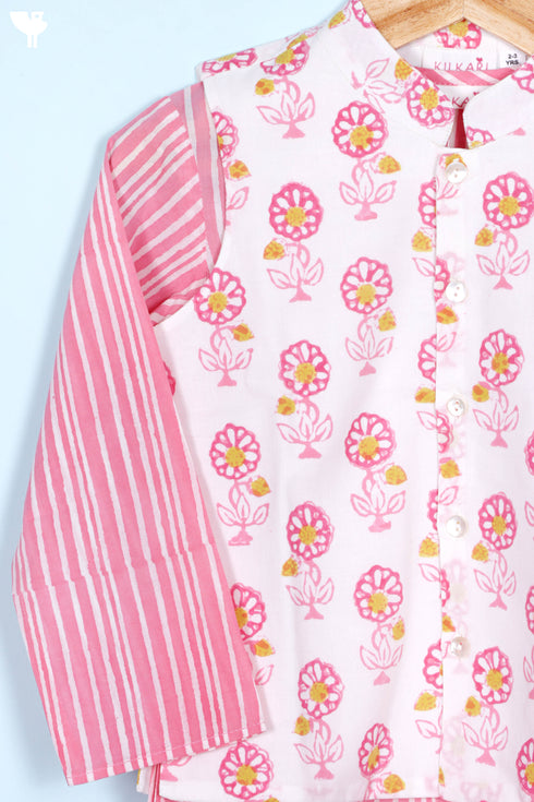 Cotton Boys Kurta Pajama Set With Vest In Block Print