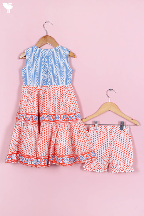 Cotton Frock & Shorts Set In Block Print