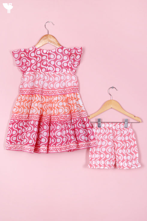 Cotton Frock & Shorts Set In Block Print